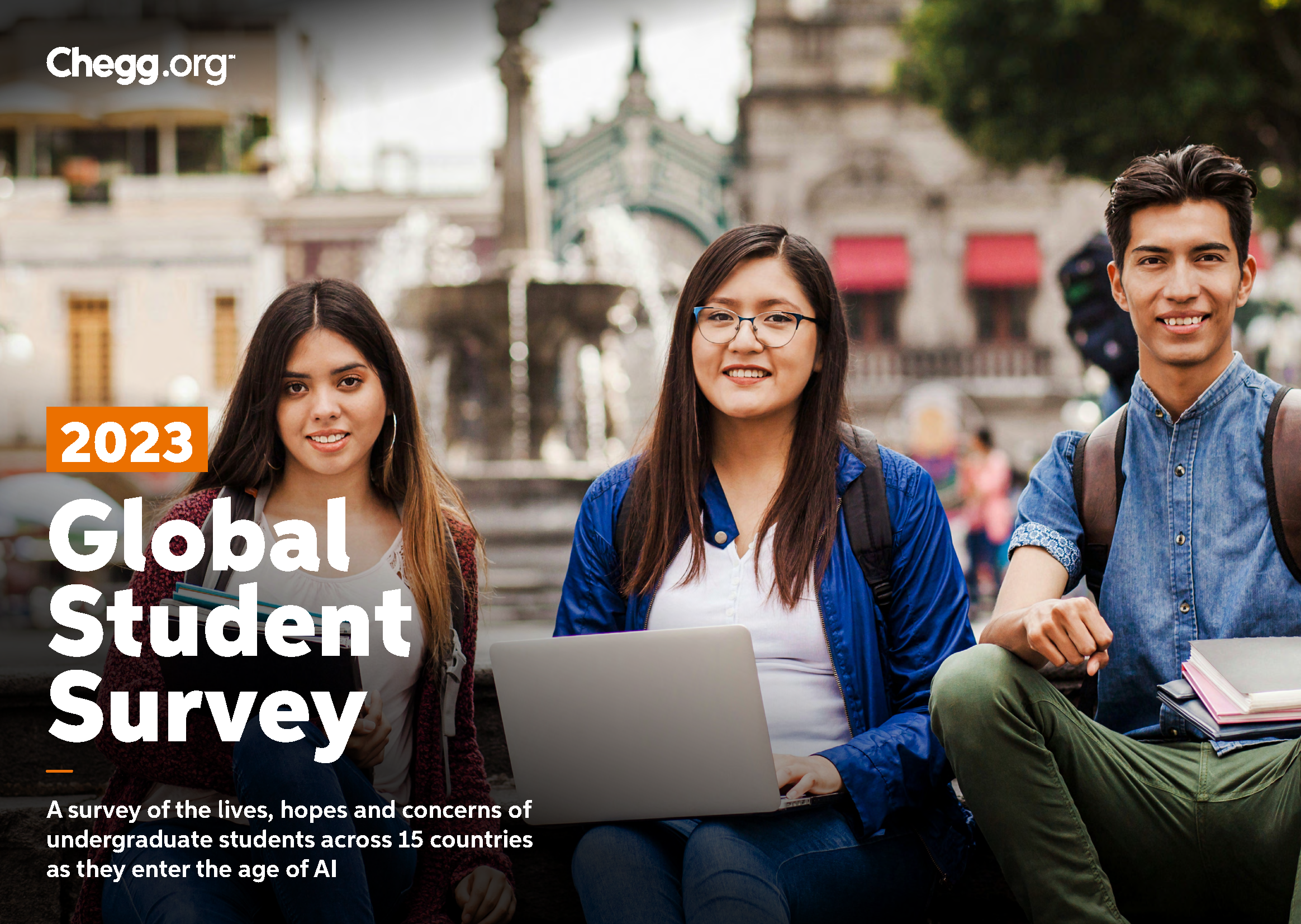 The cover of Chegg's 2023 Global Student Survey has three young students siting side by side and smiling and looking into the camera.