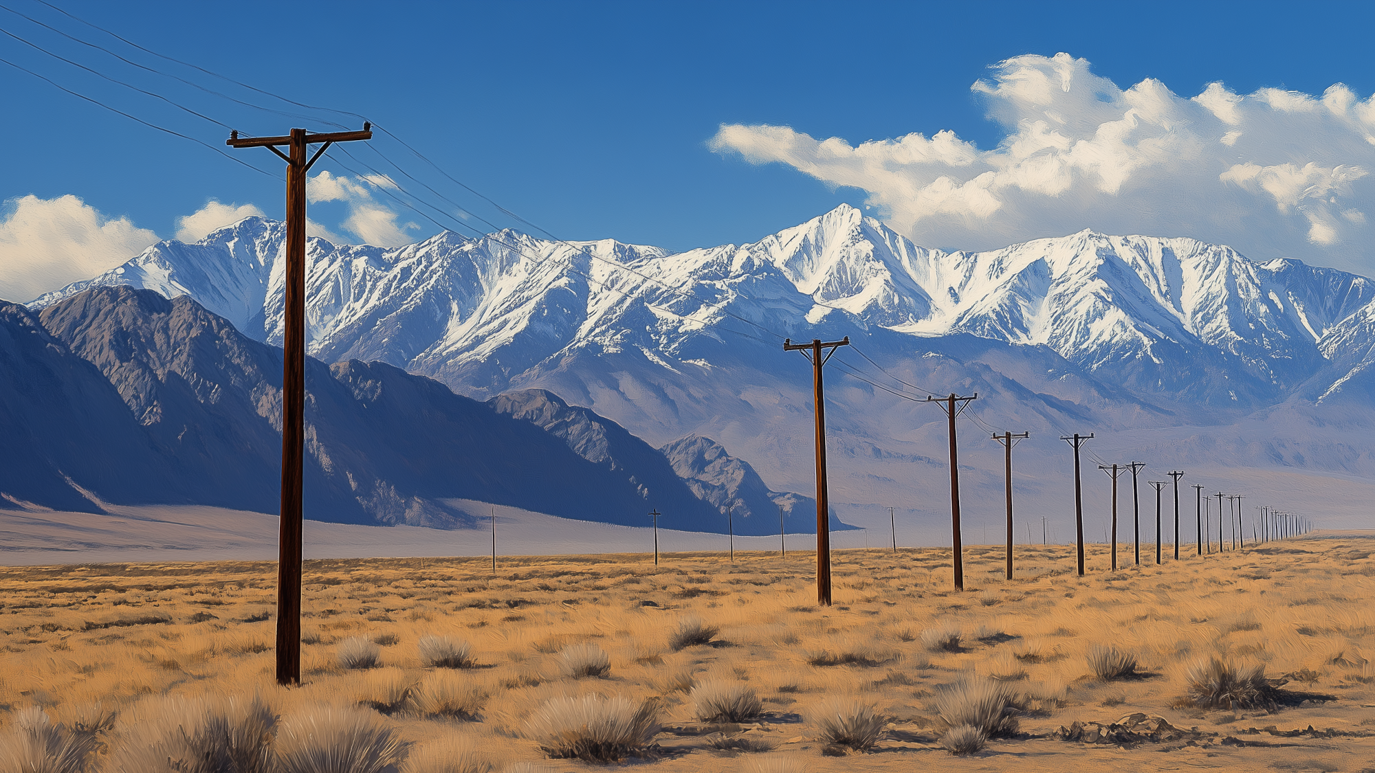  A line of telegraph poles on a desert plain vanishing in the distance with snowcapped mountains in the background.