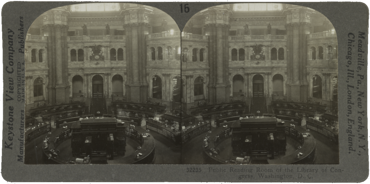 Sterographic sepia toned image of a circular library reading room