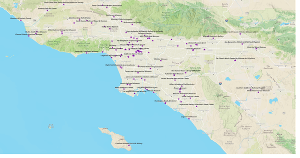 A map of museums in the greater Los Angeles area.