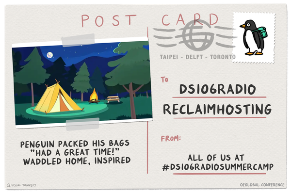 Postcard with image of a campsite at night and "Penguin packed his bags, "Had a great time!", waddled home