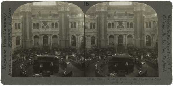 Sterographic sepia toned image of a circular library reading room