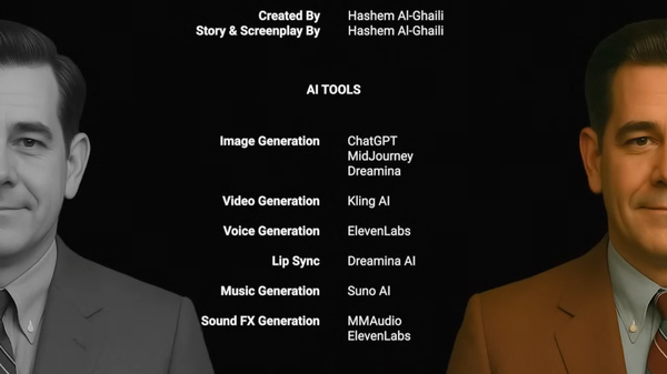List of the AI tools the credits with half a man on each side: one in b/w and one in color.